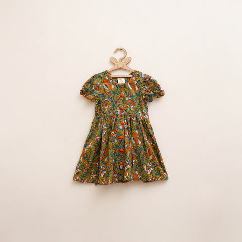 Green - Pure Cotton Girls Frock Dress in Kalamkari Prints (3-4 Years) 34
