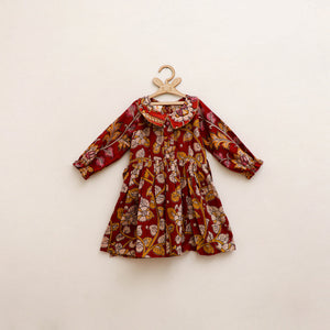 Red - Pure Cotton Girls Frock Dress in Kalamkari Prints (3-4 Years) 37