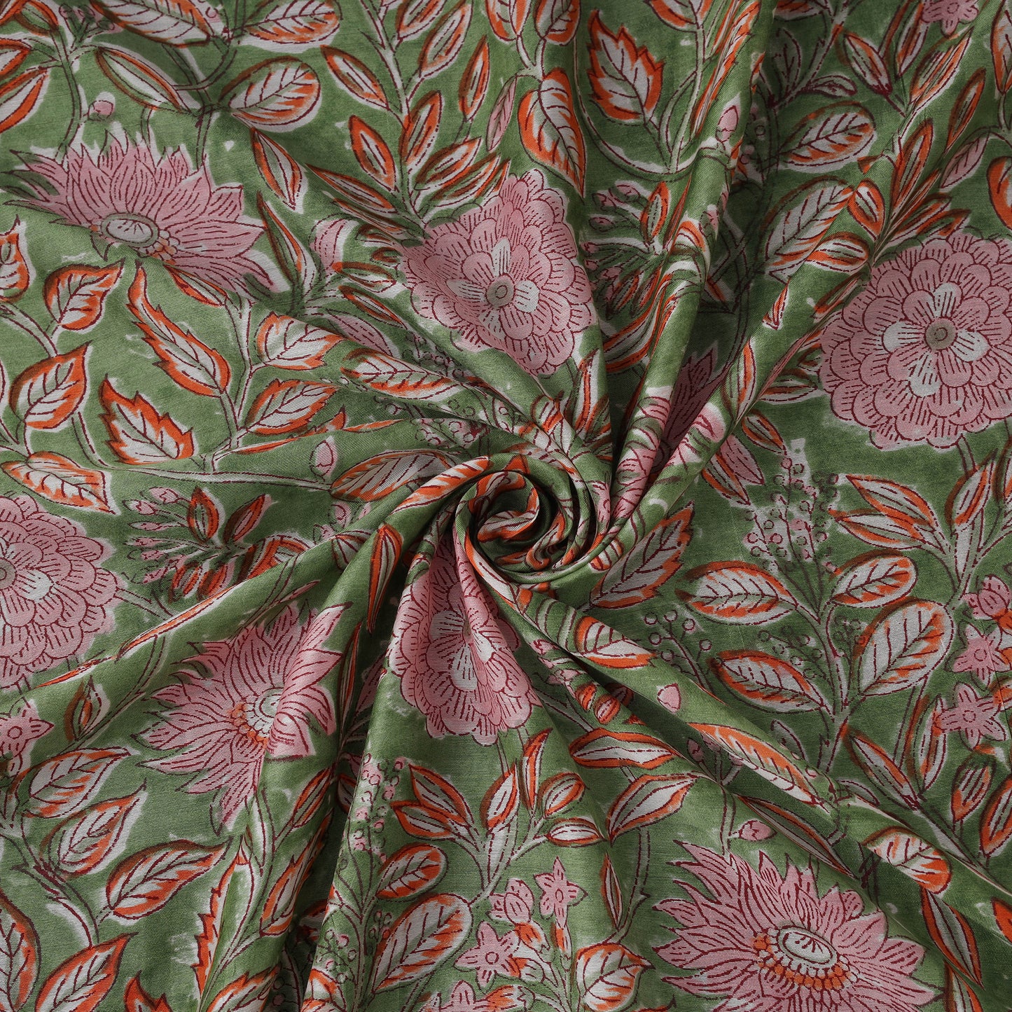 Green - Sanganeri Hand Block Print Modal Silk Fabric 11