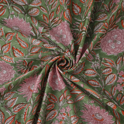 Green - Sanganeri Hand Block Print Modal Silk Fabric 11