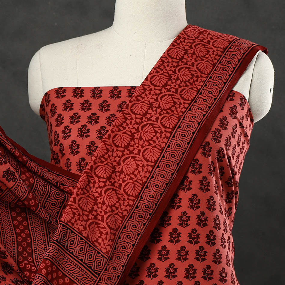 Red - 3pc Bagh Print Cotton Dress Material Set 41