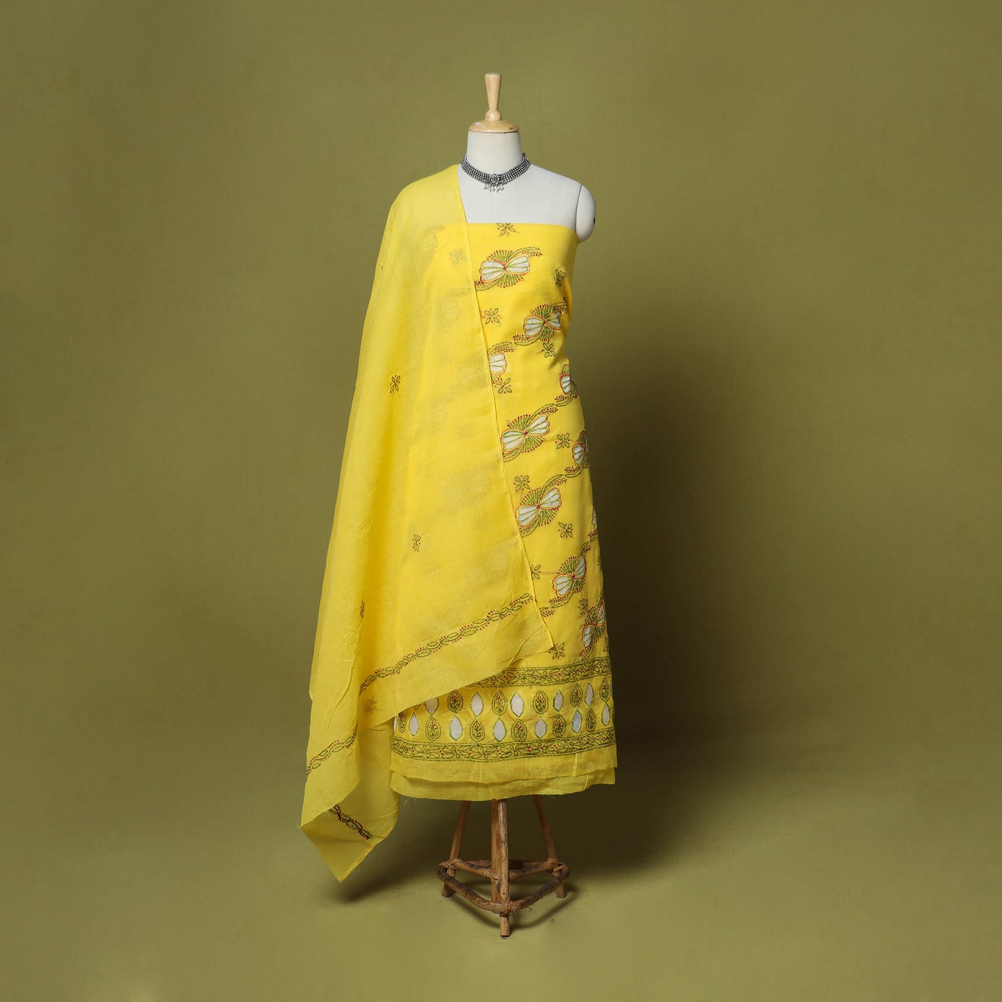 Yellow - 3pc hand embroidery cotton lucknow chikankari