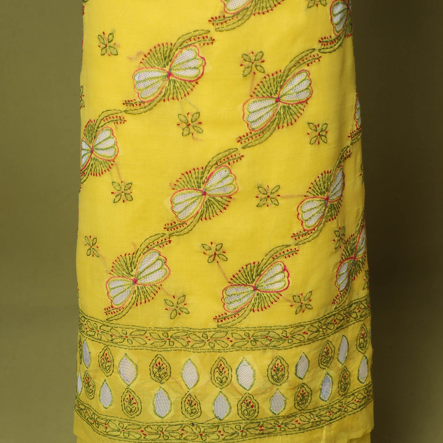 Yellow - 3pc hand embroidery cotton lucknow chikankari