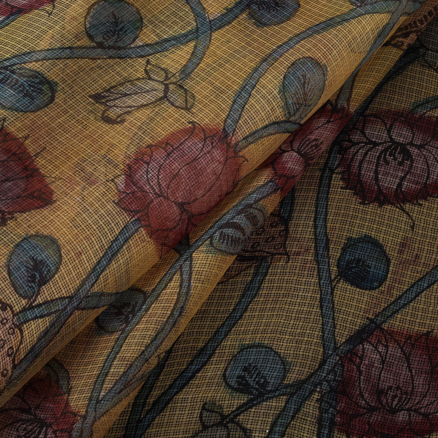 Srikalahasti Pen Work Handpainted Kalamkari Handloom Kota Doria Silk Fabric 13