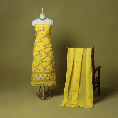 Yellow - 3pc hand embroidery cotton lucknow chikankari