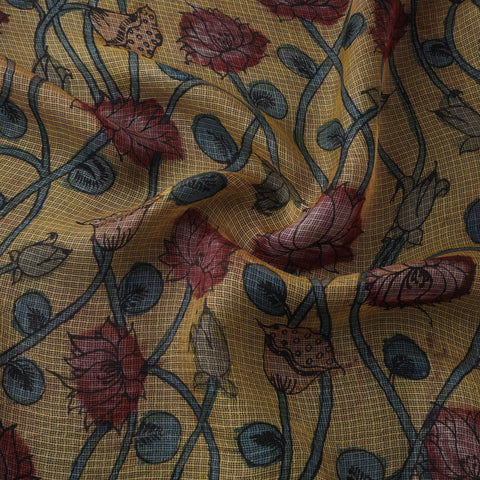 Srikalahasti Pen Work Handpainted Kalamkari Handloom Kota Doria Silk Fabric 13