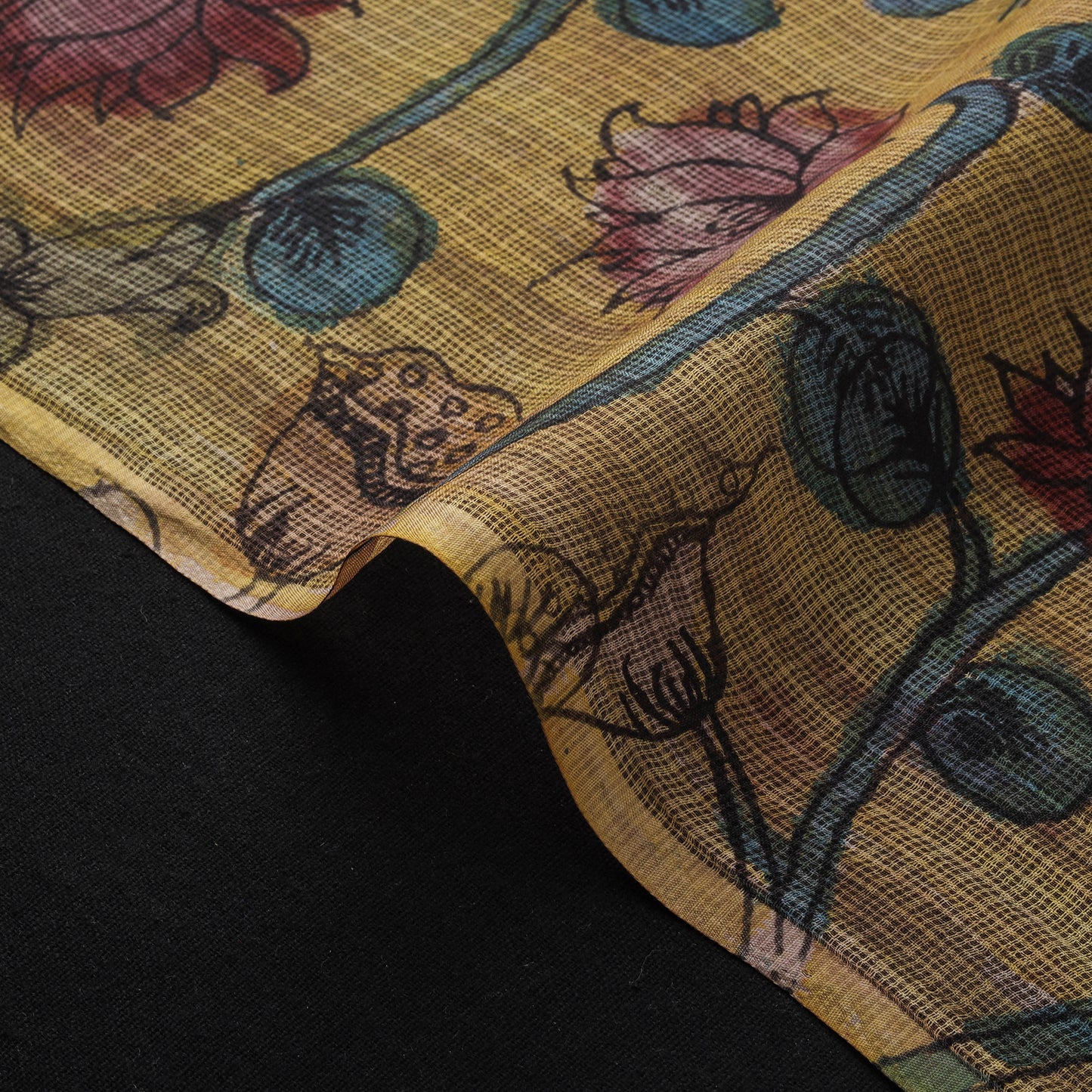 Srikalahasti Pen Work Handpainted Kalamkari Handloom Kota Doria Silk Fabric 13