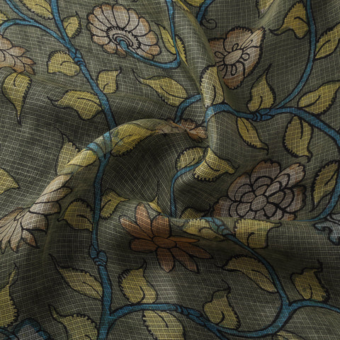 Green - Srikalahasti Pen Work Handpainted Kalamkari Handloom Kota Doria Silk Fabric 01