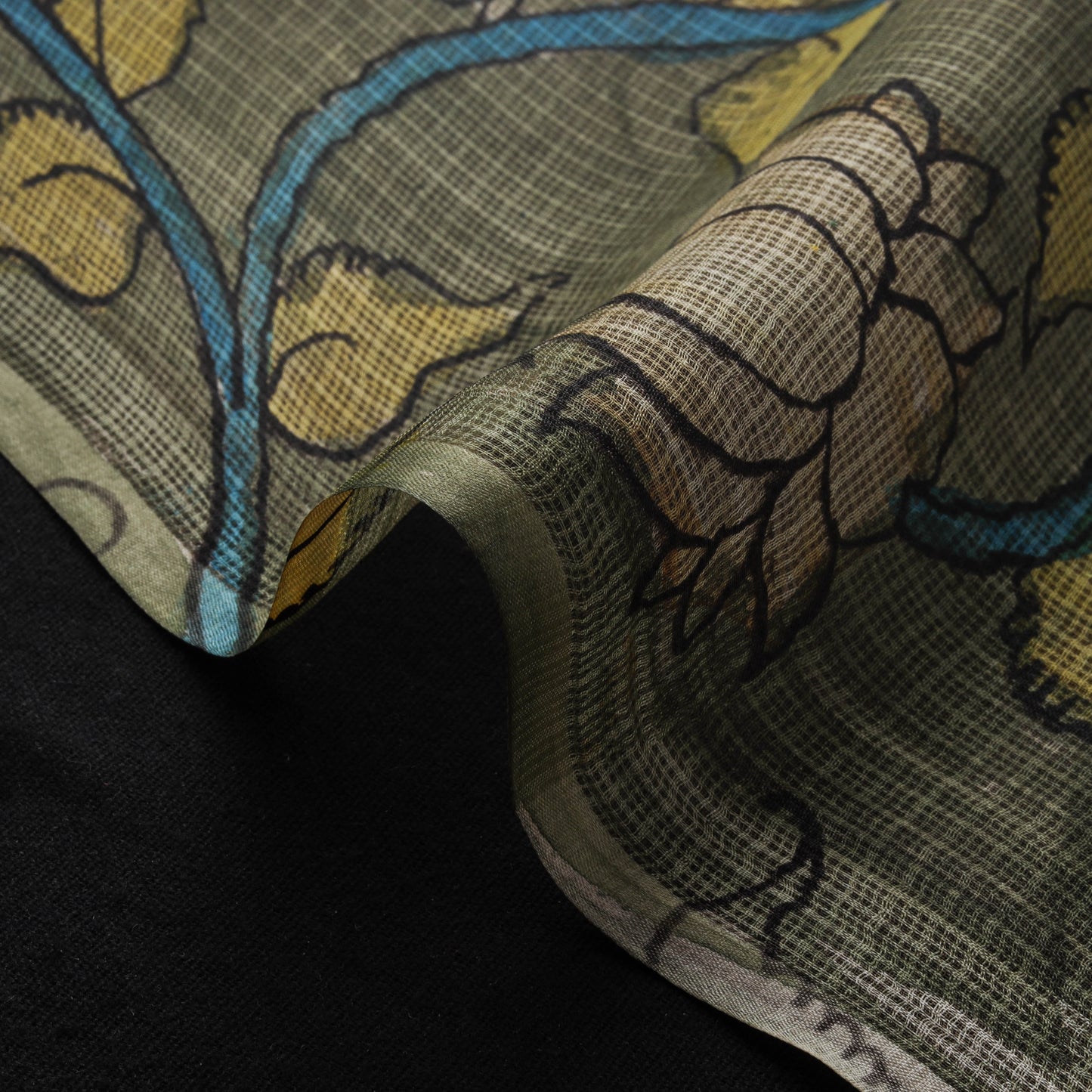 Srikalahasti Pen Work Handpainted Kalamkari Handloom Kota Doria Silk Fabric 01