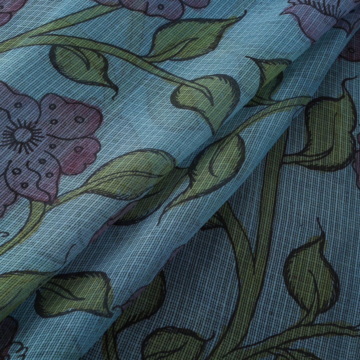 Blue - Srikalahasti Pen Work Handpainted Kalamkari Handloom Kota Doria Silk Fabric 02