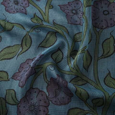 Blue - Srikalahasti Pen Work Handpainted Kalamkari Handloom Kota Doria Silk Fabric 02
