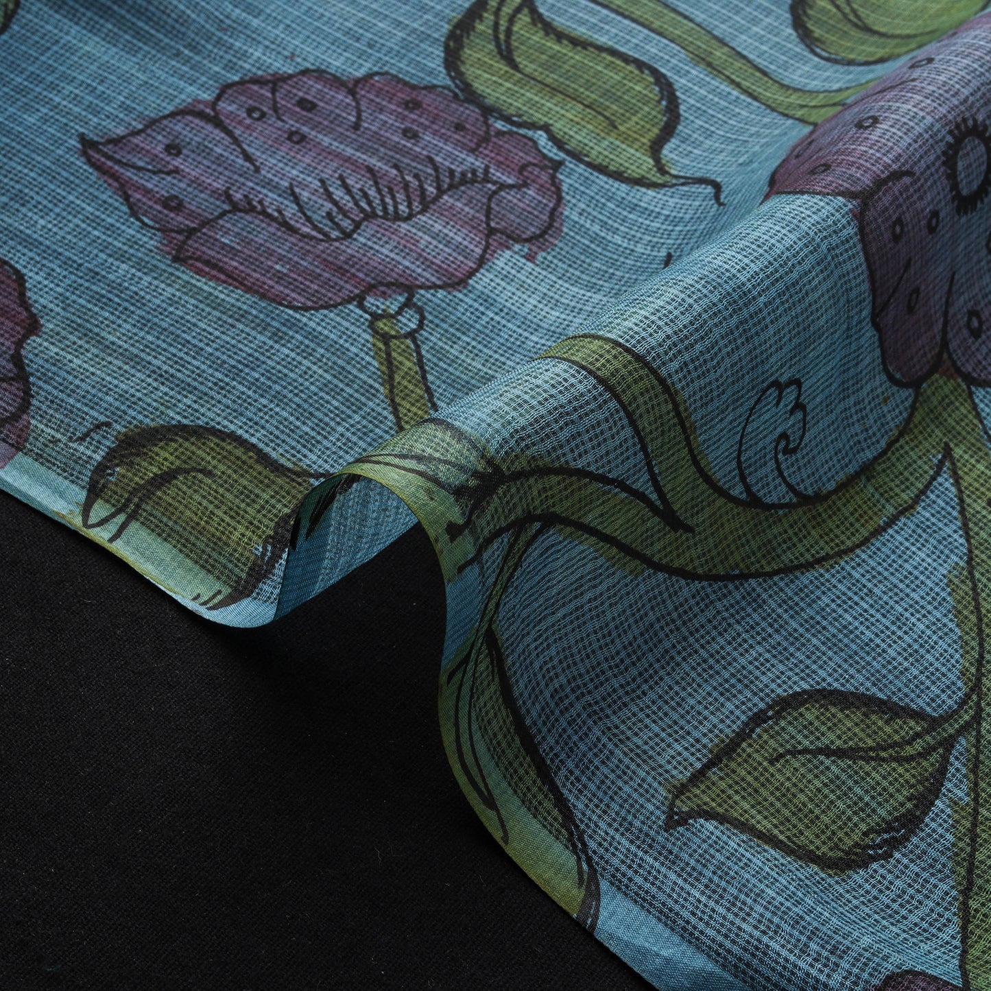Blue - Srikalahasti Pen Work Handpainted Kalamkari Handloom Kota Doria Silk Fabric 02