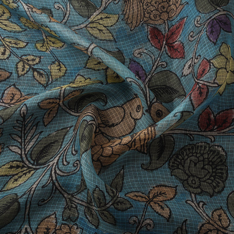 Srikalahasti Pen Work Handpainted Kalamkari Handloom Kota Doria Silk Fabric 03