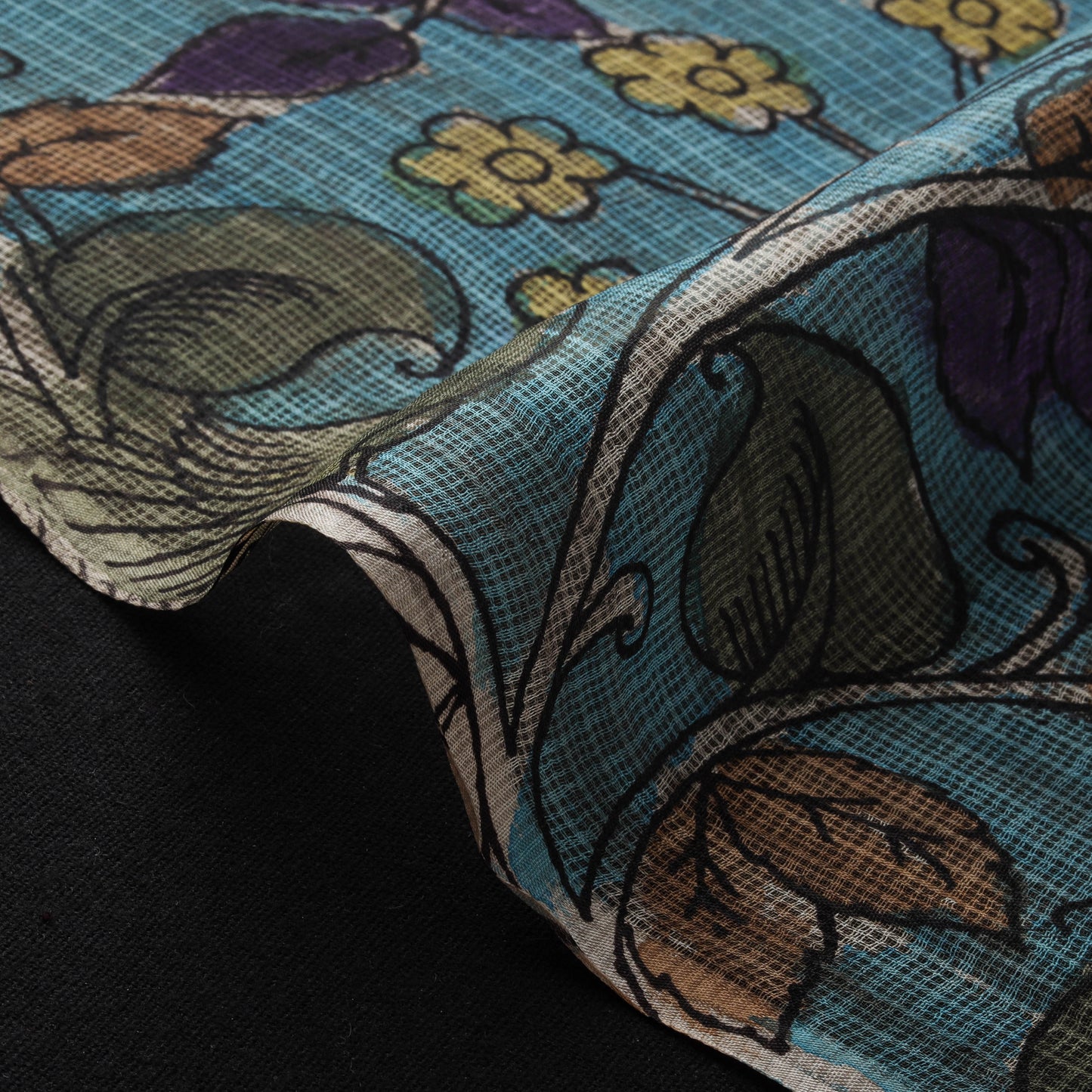 Srikalahasti Pen Work Handpainted Kalamkari Handloom Kota Doria Silk Fabric 03