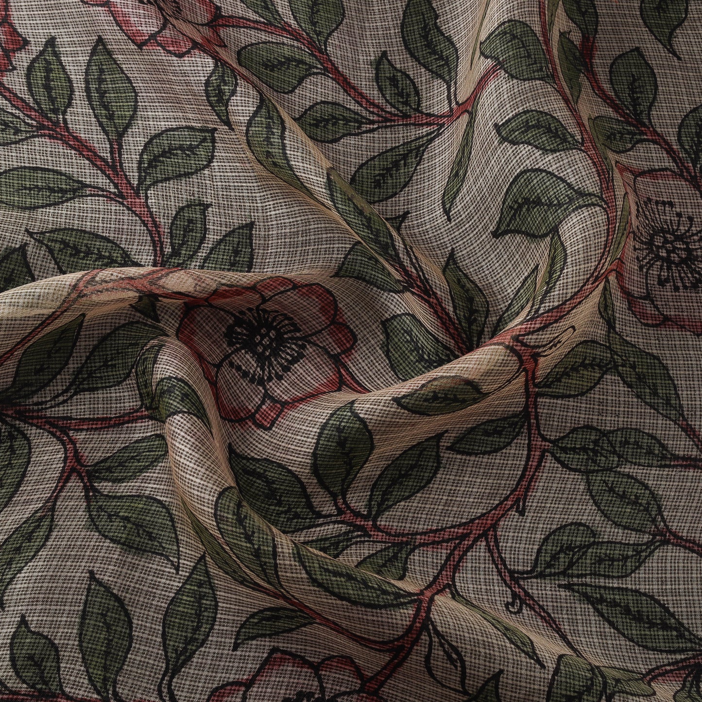 Srikalahasti Pen Work Handpainted Kalamkari Handloom Kota Doria Silk Fabric 04