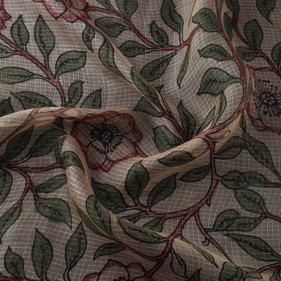 Srikalahasti Pen Work Handpainted Kalamkari Handloom Kota Doria Silk Fabric 04