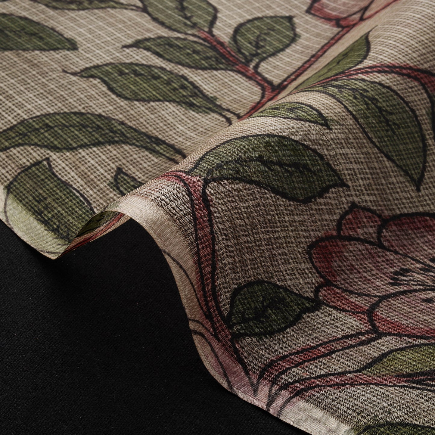 Srikalahasti Pen Work Handpainted Kalamkari Handloom Kota Doria Silk Fabric 04