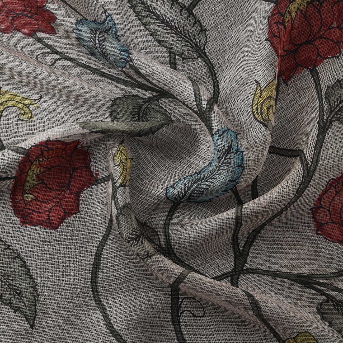 Srikalahasti Pen Work Handpainted Kalamkari Handloom Kota Doria Silk Fabric 05