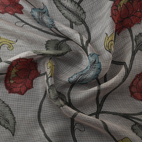 Srikalahasti Pen Work Handpainted Kalamkari Handloom Kota Doria Silk Fabric 05