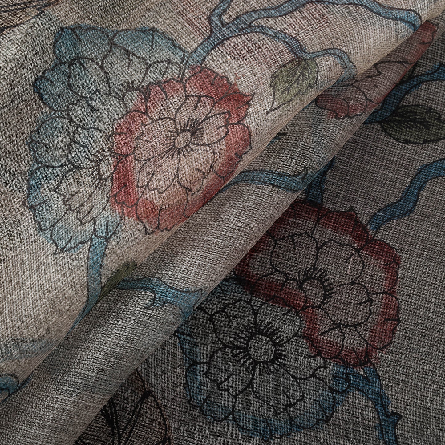 Srikalahasti Pen Work Handpainted Kalamkari Handloom Kota Doria Silk Fabric 07