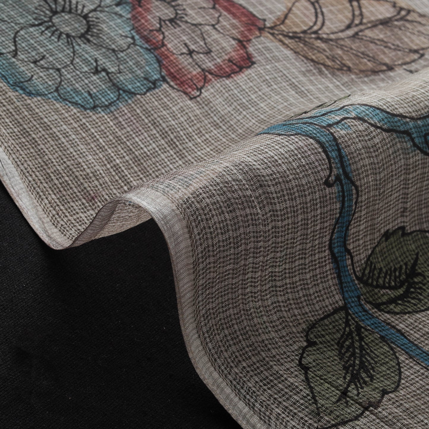 Srikalahasti Pen Work Handpainted Kalamkari Handloom Kota Doria Silk Fabric 07