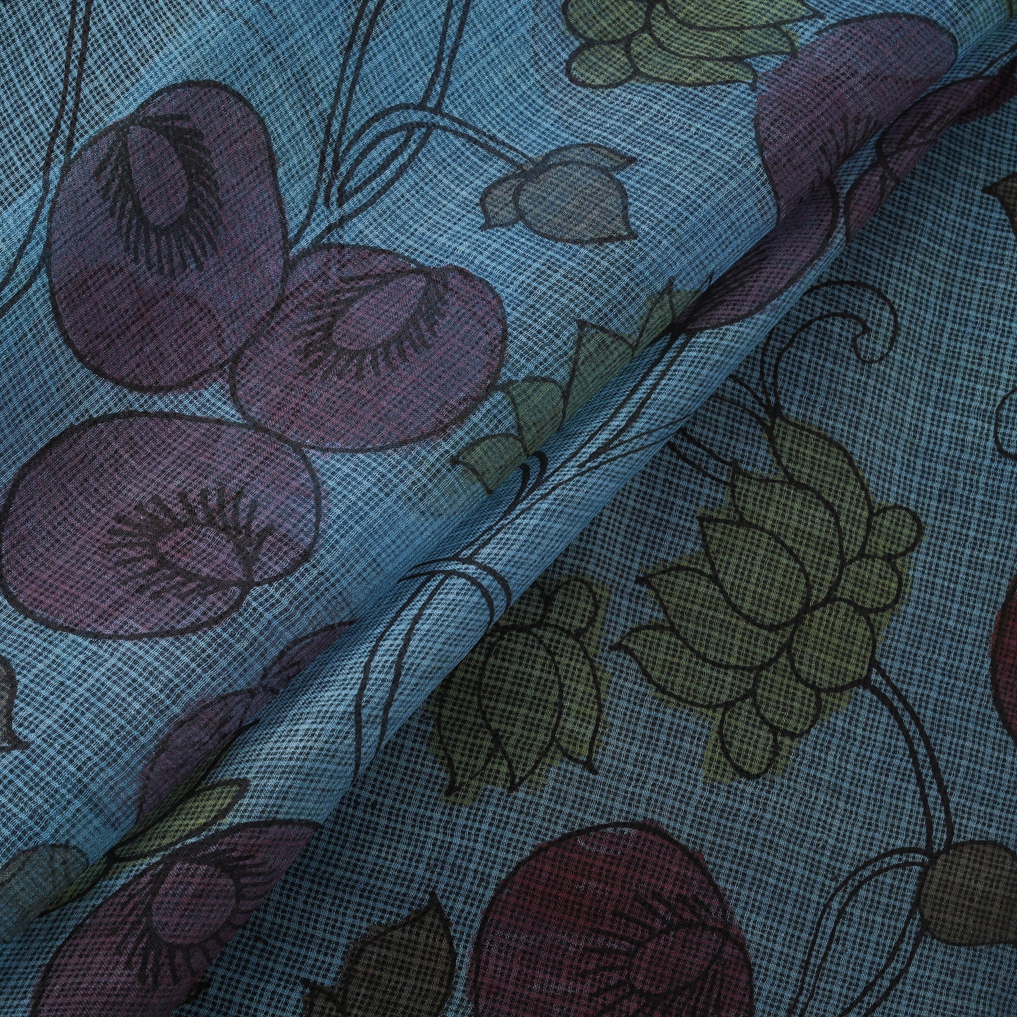 Srikalahasti Pen Work Handpainted Kalamkari Handloom Kota Doria Silk Fabric 08