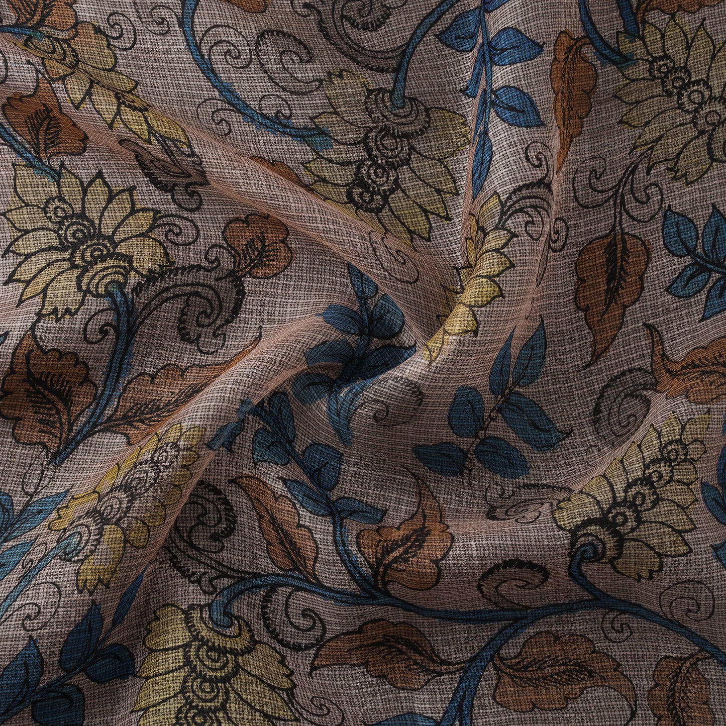 Srikalahasti Pen Work Handpainted Kalamkari Handloom Kota Doria Silk Fabric 09