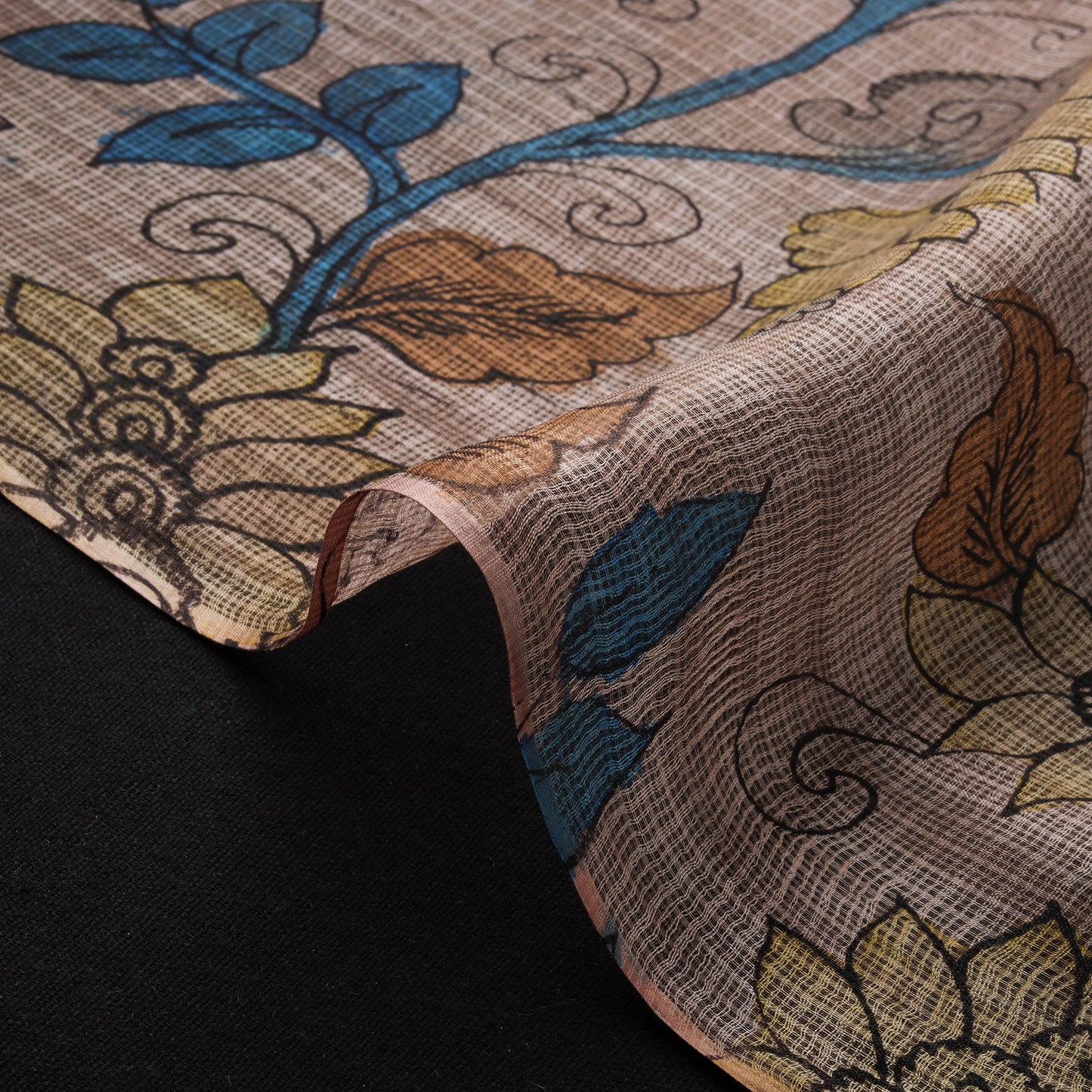 Srikalahasti Pen Work Handpainted Kalamkari Handloom Kota Doria Silk Fabric 09
