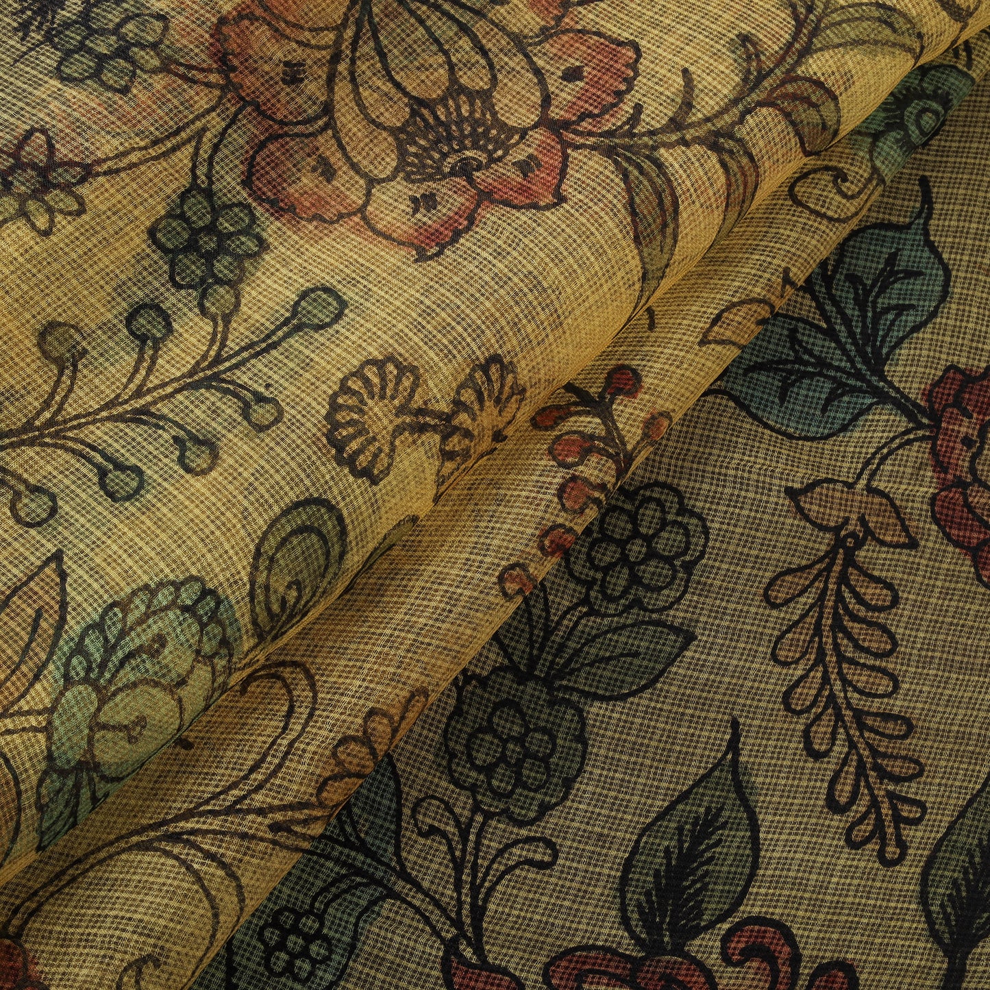 Srikalahasti Pen Work Handpainted Kalamkari Handloom Kota Doria Silk Fabric 10