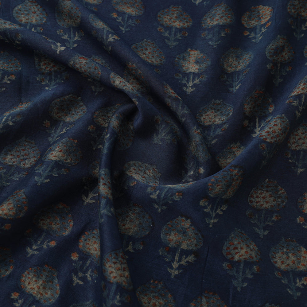 Blue - Natural Dyed Chanderi Silk Akola Print Fabric 01