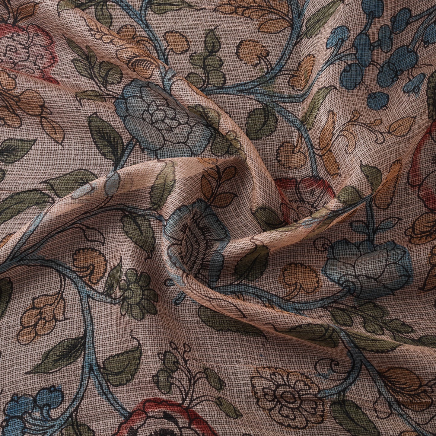 Srikalahasti Pen Work Handpainted Kalamkari Handloom Kota Doria Silk Fabric 12