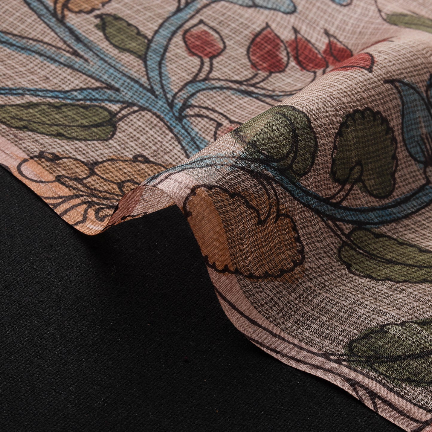 Srikalahasti Pen Work Handpainted Kalamkari Handloom Kota Doria Silk Fabric 12