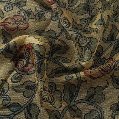 Srikalahasti Pen Work Handpainted Kalamkari Handloom Kota Doria Silk Fabric 11