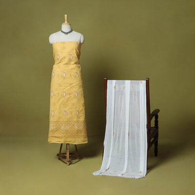 Yellow - 3pc hand embroidery cotton lucknow chikankari