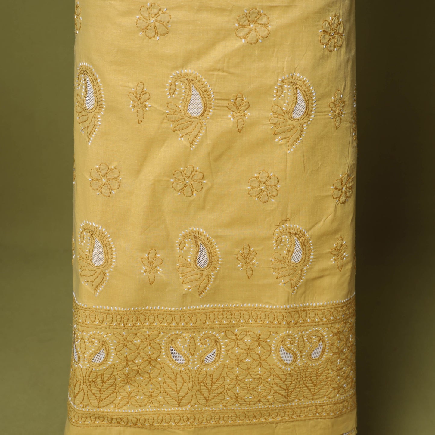 Yellow - 3pc hand embroidery cotton lucknow chikankari