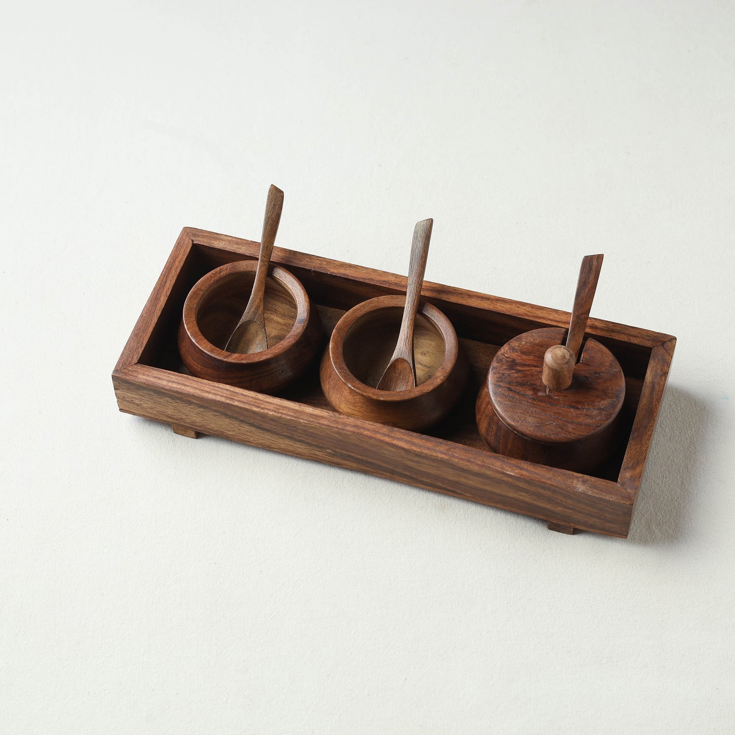 Handcrafted Sheesham Wooden Jar Set with Tray & Spoon
