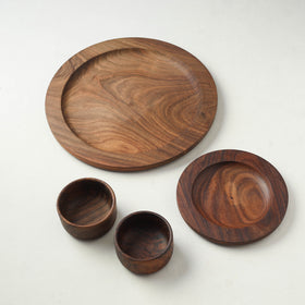 Brown - Handcrafted Sheesham Wooden Dinner Set (2 Plates & 2 Bowls)