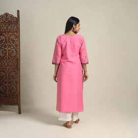 Handloom Cotton Mirror Work Pink Straight Mangalagiri Kurta for Women