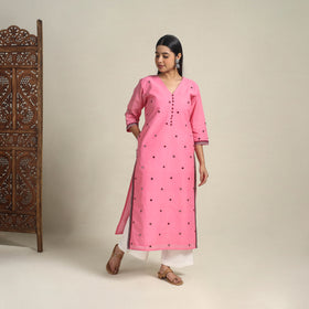 Handloom Cotton Mirror Work Pink Straight Mangalagiri Kurta for Women