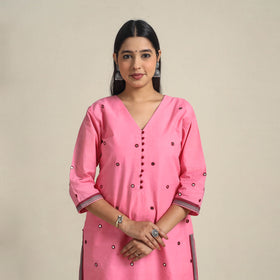 Handloom Cotton Mirror Work Pink Straight Mangalagiri Kurta for Women