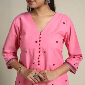 Handloom Cotton Mirror Work Pink Straight Mangalagiri Kurta for Women