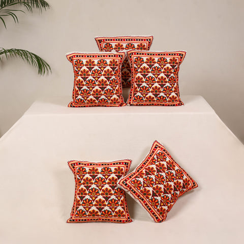 Red - kutch aari hand embroidery cushion cover (set of 5)
