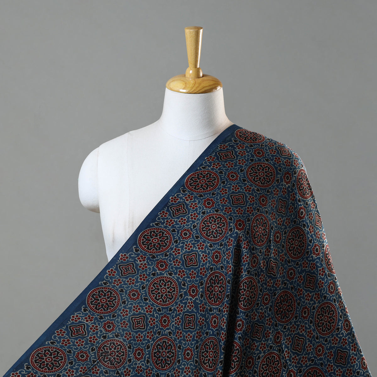 Blue - Hand Block Printed Modal Silk Ajrakh Fabric 13