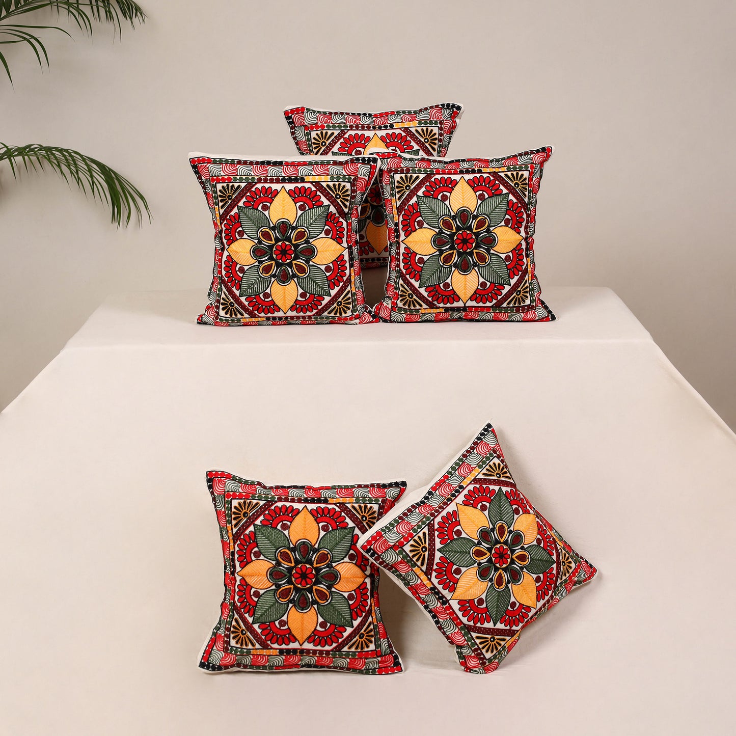 Red - kutch aari hand embroidery cushion cover (set of 5)