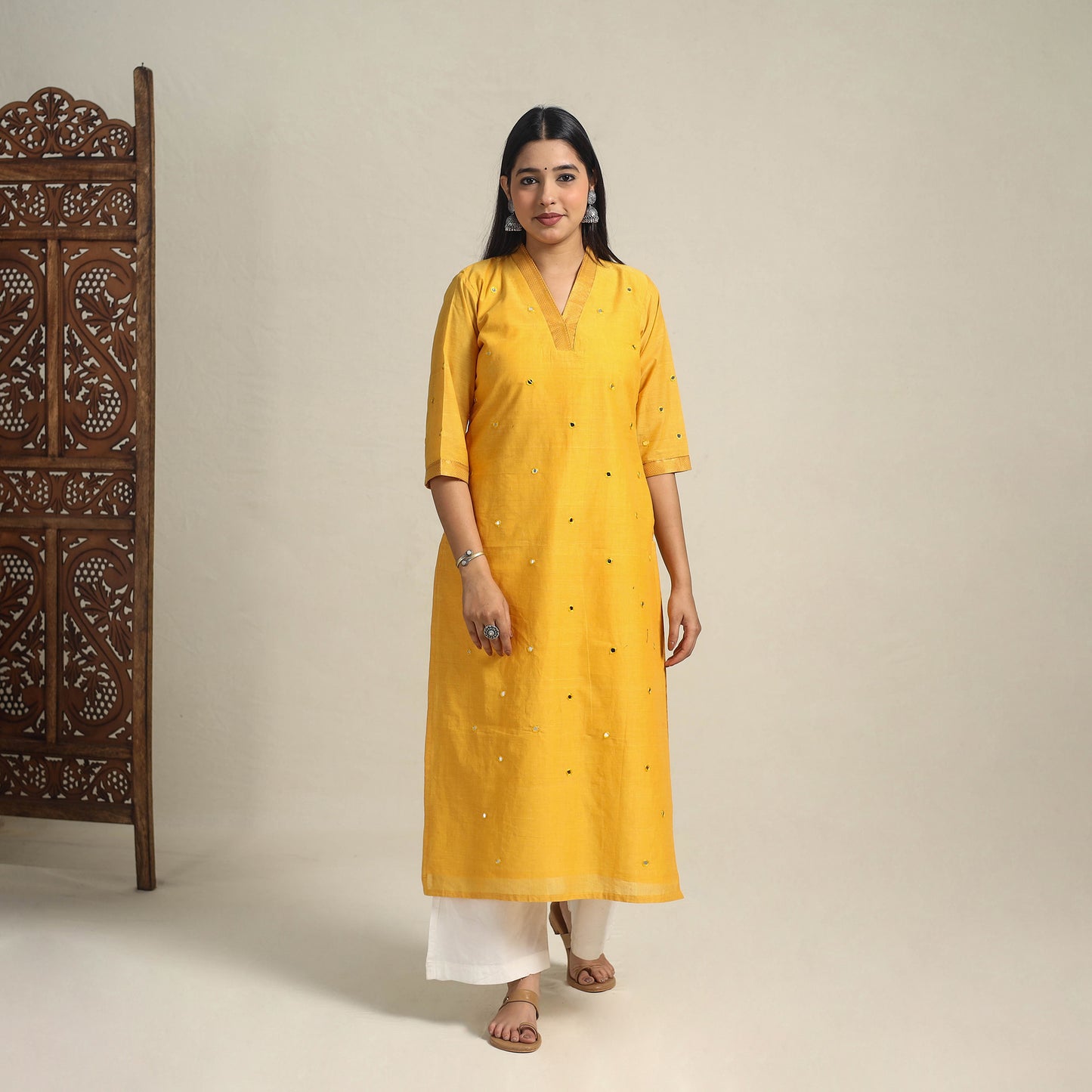 Yellow - handloom cotton mirror work straight mangalagiri