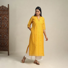 Yellow - handloom cotton mirror work straight mangalagiri