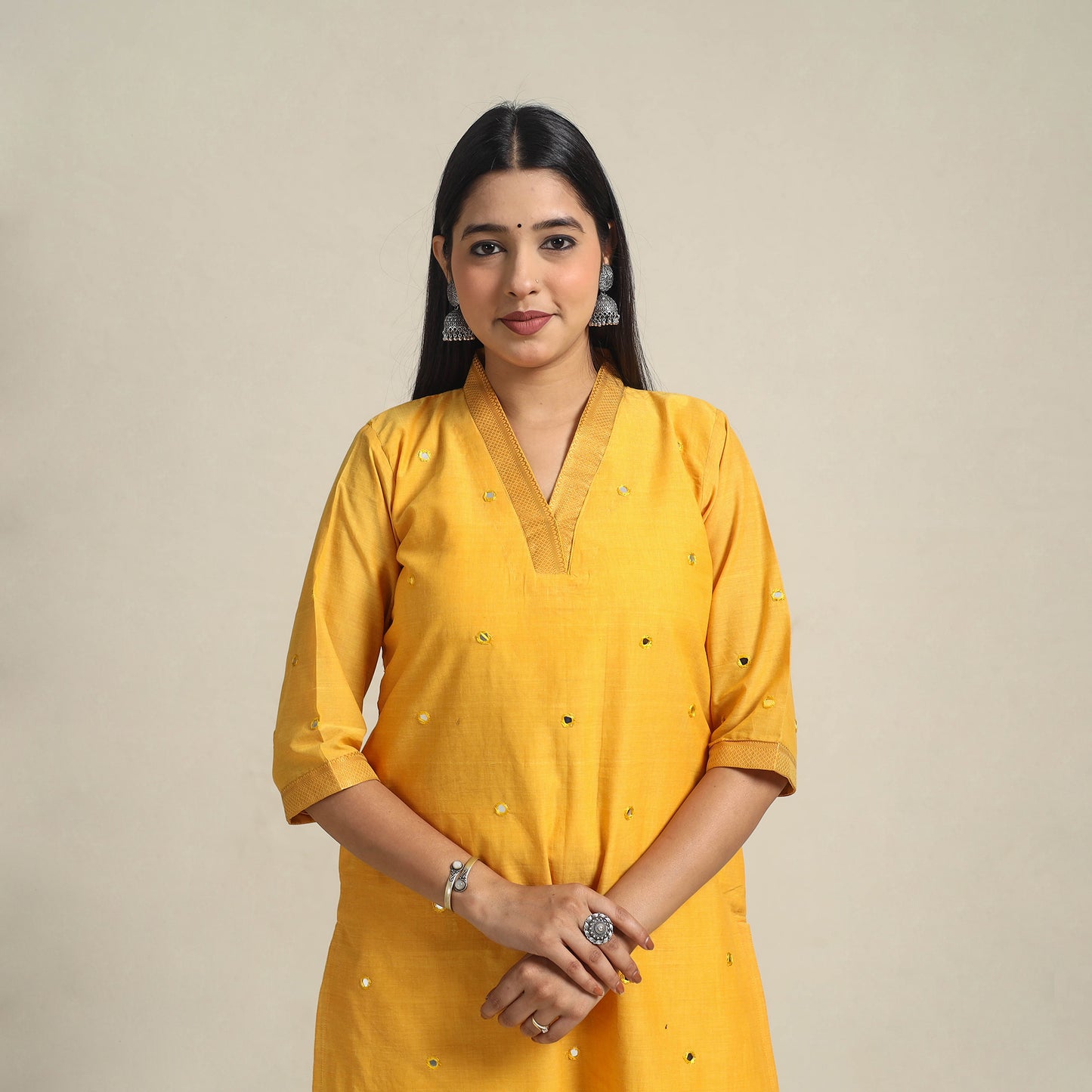 Yellow - handloom cotton mirror work straight mangalagiri