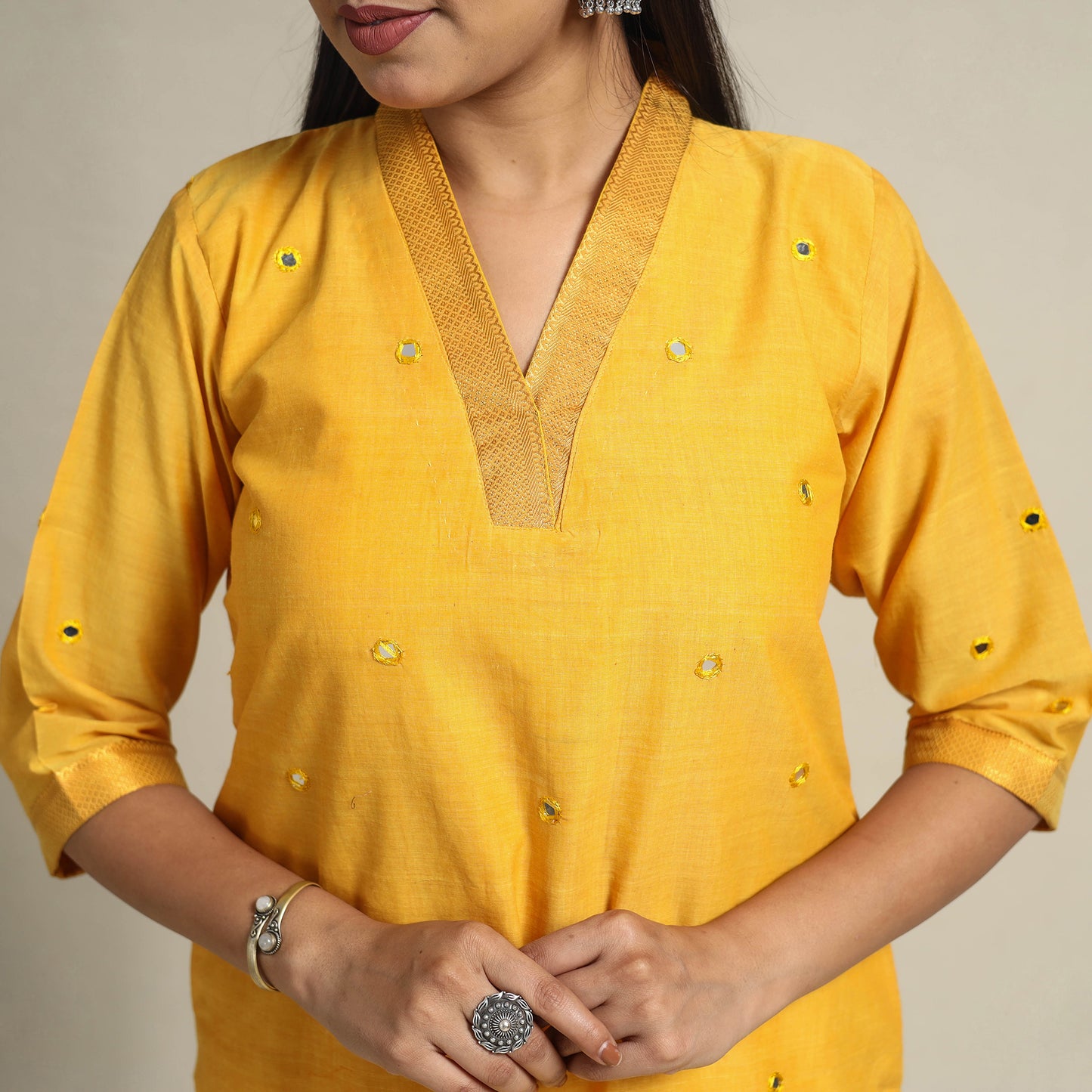 Yellow - handloom cotton mirror work straight mangalagiri