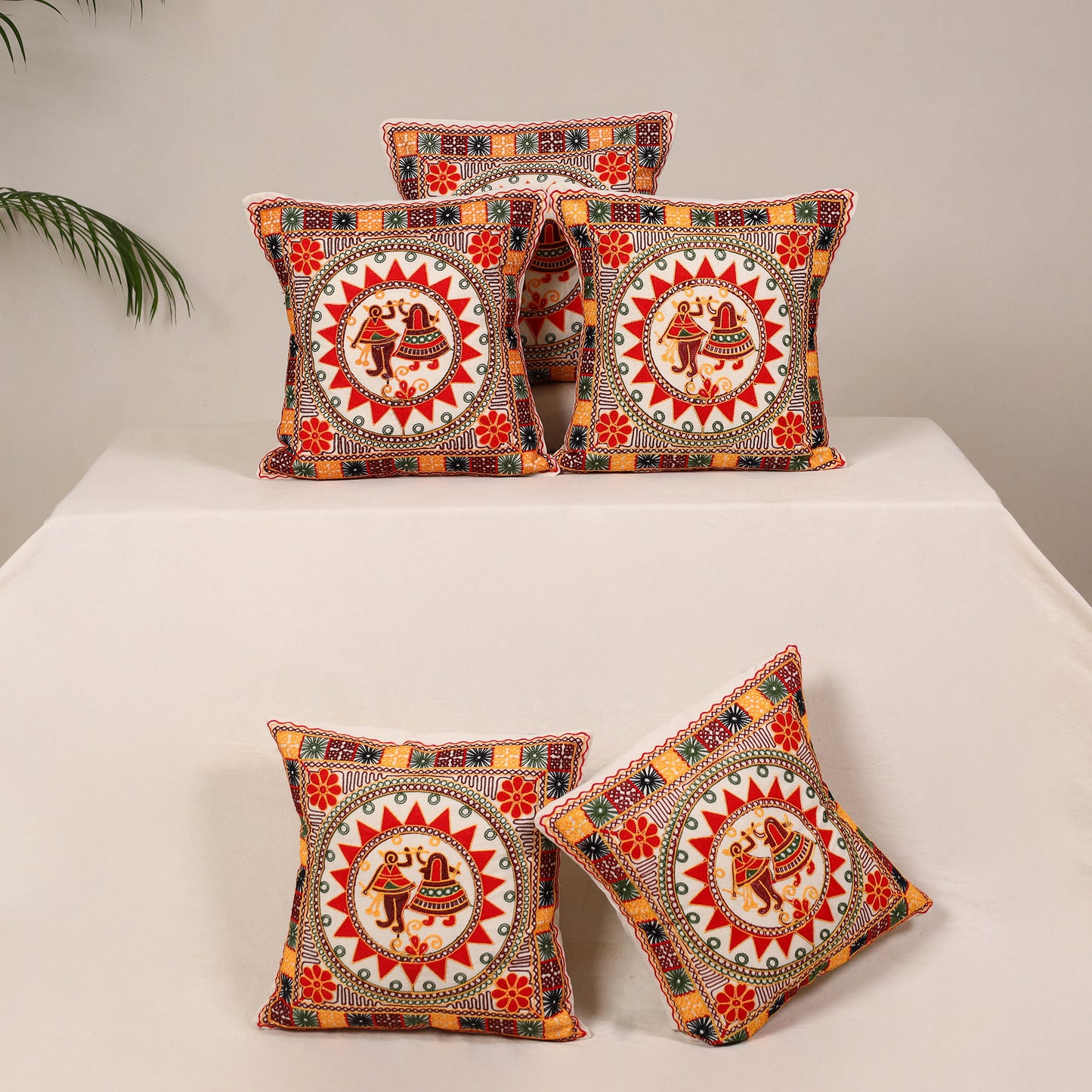 Red - kutch aari hand embroidery cushion cover (set of 5)