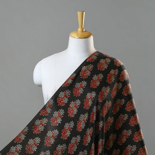 Black - Hand Block Printed Modal Silk Ajrakh Fabric 35